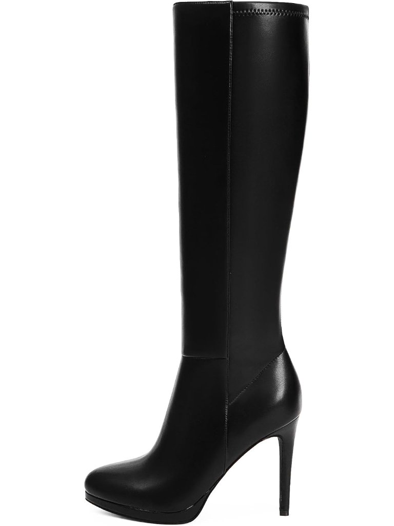 Women's Black Pu2 Round Toe Stiletto Heels Fall Tall Platforms Boots Side Zipper